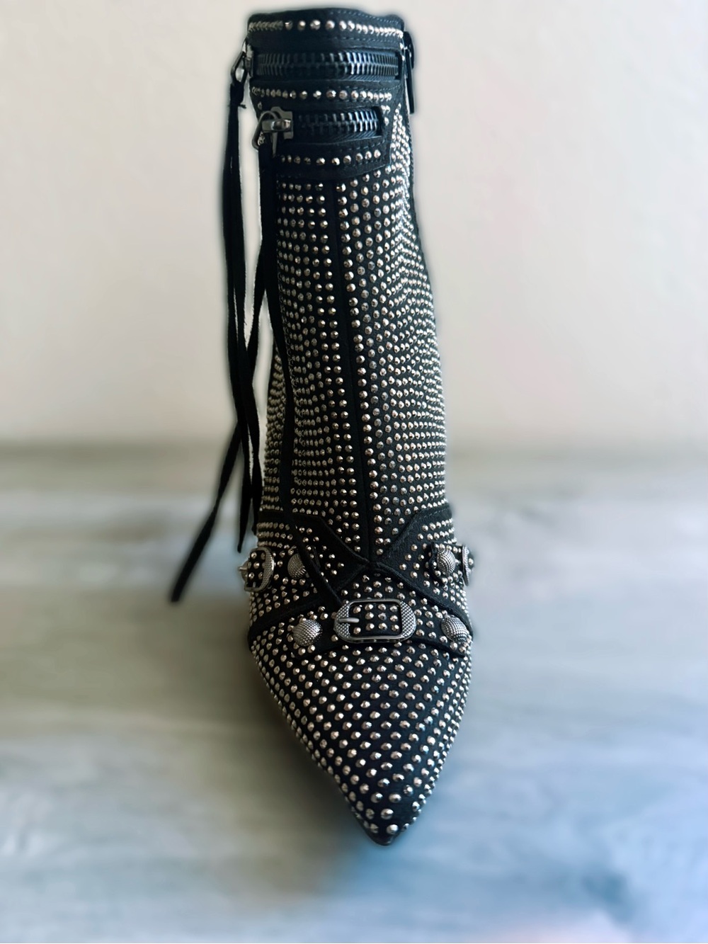 Fashion Nova Black Studded Pointed Ankle Bootie with Silver Accents